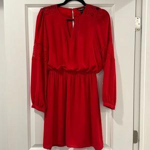 Red long sleeve chiffon dress with lace details